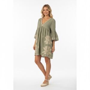 Greek Archaic Kori Green Linen Dress Gold Arrow Embroidered Sz M 3/4 Sleeve Bell